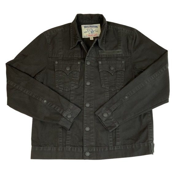 True Religion Trucker Jacket Mens XL Ascot Denim Leather Patch Snap Flap Pockets - Picture 1 of 9